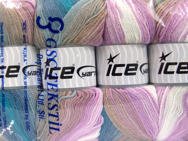 Wit|Lila|Blauw Tinten|Beige Zelfstrepende Garens 4x100gr